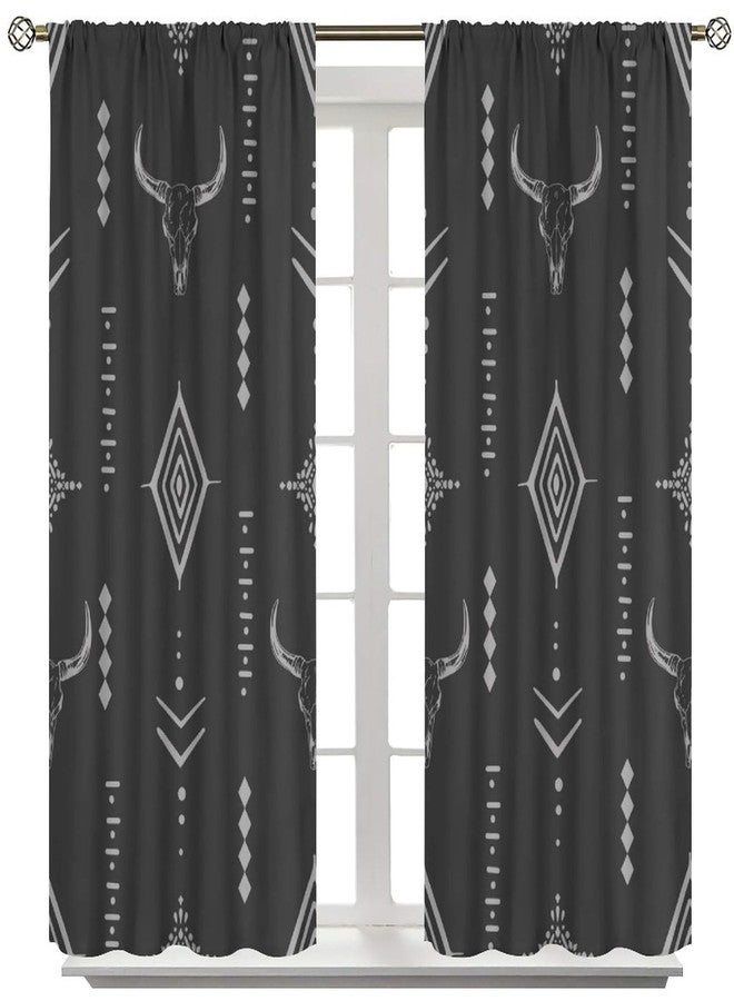 JADERYS Western Blackout Curtains Bull Skull Boho Aesthetic Aztec Black Gray Modern Abstract Art Design Bedroom Living Room Rod Pocket Decoration Window Drapes 2 Panels W21xL45in - Image 3